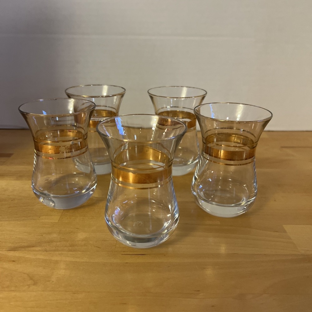 Set Of 5 Vintage 4oz Pasabahce Gold Decorated Turkish Tea Glasses 3" Tall